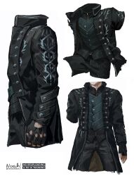 Rule 34 | 1boy, artist name, black gloves, black jacket, black pants, black shirt, buttons, clothes only, cropped torso, devil may cry (series), devil may cry 5, fingerless gloves, gloves, highres, jacket, male focus, multiple views, noah (rokoroko), pants, shirt, silver trim, solo, twitter username, upper body, vergil (devil may cry), white background