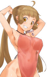 1girl ahoge armpits arms_up bernice_(sennen_sensou_aigis) blush breasts brown_hair cocktail_dress commentary_request covered_erect_nipples covered_navel cowboy_shot dated dress grin highres kei_jiei large_breasts long_hair looking_at_viewer no_panties pink_dress sennen_sensou_aigis simple_background smile solo tying_hair white_background