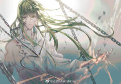 1boy amputee blood blood_on_face blue_background cangchen chinese_commentary closed_mouth commentary_request debris diamond_cutout enkidu_(fate) fate/grand_order fate_(series) floating_clothes floating_hair genderswap genderswap_(otm) gradient_background green_eyes green_hair hair_between_eyes hood hood_down hooded_robe light_particles light_smile lips long_hair looking_at_viewer loose_hair_strand magic male_focus outstretched_arm pectorals robe scar scar_on_shoulder sidepec single_bare_shoulder single_sleeve solo torn_clothes torn_robe upper_body watermark weibo_watermark white_background white_robe