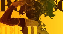 1girl absurdres arm_up detached_sleeves english_text gloves hair_between_eyes high_ponytail highres holding looking_at_viewer mindscape_cinema_(zenless_zone_zero) monochrome official_art parted_lips ponytail portrait short_twintails simple_background soldier_11_(zenless_zone_zero) solo song_name twintails upper_body yellow_background yellow_theme zenless_zone_zero zipper