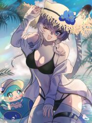 1girl alternate_costume bikini black_bikini blue_eyes blue_sky breasts chimera_(honkai:_star_rail) cipher_(honkai:_star_rail) cloud commentary_request grey_hair hat highres holding holding_swim_ring honkai:_star_rail honkai_(series) innertube large_breasts mole mole_on_breast multi-strapped_bikini_bottom navel ocean oekakidekinai1 one_eye_closed open_mouth outdoors short_hair_with_long_locks sky stomach straw_hat swim_ring swimsuit thigh_strap thighs water