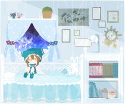 1boy aqua_boots aqua_hood aqua_shorts blush_stickers book bookshelf boots bright_pupils brown_hair cape chibi closed_mouth commentary_request curtains expressionless gold_trim hair_between_eyes hood hood_up indoors kirby_(series) magolor male_focus map nintendo no_nose on_bed personification short_hair_with_long_locks shorts sitting solo stuffed_animal stuffed_rabbit stuffed_toy usagi_nui white_cape white_pupils yellow_eyes