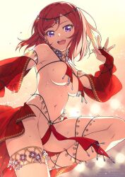 1girl bare_shoulders bikini breast_curtains breasts bridal_gauntlets circlet detached_sleeves harem_outfit jewelry looking_at_viewer love_live! love_live!_school_idol_project navel nishikino_maki open_mouth purple_eyes red_bikini red_hair saipaco short_hair smile solo swimsuit thighlet underboob