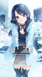 1girl black_collar black_hair black_hairband black_thighhighs blue_jacket blue_sweater breasts building cleavage closed_mouth collar collarbone commentary_request day gift grey_skirt hairband head_tilt holding holding_gift hu_kotora jacket long_hair long_sleeves looking_at_viewer medium_breasts open_clothes open_jacket original outdoors parted_bangs puffy_long_sleeves puffy_sleeves purple_eyes skirt sleeves_past_wrists smile snow solo sweater thighhighs valentine water
