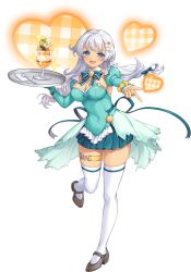 1girl ahoge artist_request blue_eyes breasts cleavage covered_navel detached_sleeves diamond-shaped_pupils diamond_(shape) food-themed_hair_ornament fork_hair_ornament four-pointed_star full_body game_cg hair_ornament heart highres holding holding_tray isolde_(legend_clover) legend_clover napkin official_alternate_costume official_art open_mouth solo spoon symbol-shaped_pupils tan thigh_strap third-party_source transparent_background tray white_hair