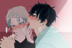 2boys alien_stage beanie black_hair black_sweater blush brown_hat commentary ear_blush ear_licking earrings english_commentary glasses grey_hair hat hood hoodie ivan_(alien_stage) jewelry licking lucidkana male_focus multiple_boys short_hair sweater till_(alien_stage) trembling very_short_hair white_hoodie yaoi