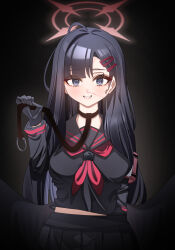1girl absurdres black_hair black_sailor_collar black_serafuku black_shirt black_wings blood blue_archive blue_eyes blunt_bangs blush ekf_voddl grin hair_behind_ear hair_ornament hairclip highres holding_own_leash ichika_(blue_archive) long_hair neckerchief nosebleed red_neckerchief sailor_collar school_uniform serafuku shirt smile solo staring wings