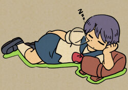 Rule 34 | 1girl, = =, a-king, amakazari eri, backpack, bag, blue hair, blue sailor collar, blue shoes, blue skirt, city (arawi keiichi), closed eyes, closed mouth, dot nose, grey background, hand on own cheek, hand on own face, lying, neckerchief, nose bubble, red bag, red neckerchief, sailor collar, shirt, shoes, short hair, simple background, skirt, sleeping, socks, solo, white shirt, white socks, zzz
