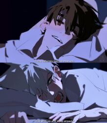 Rule 34 | 2boys, alien stage, artist name, black eyes, black hair, commentary, english commentary, english text, highres, ivan (alien stage), lying, male focus, multiple boys, neon genesis evangelion, on side, one eye closed, open mouth, pillow, red pupils, shirt, till (alien stage), uchiha i arts, watermark, white shirt