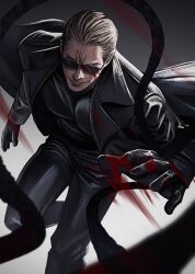 Rule 34 | 1boy, albert wesker, black-framed eyewear, black coat, black gloves, black pants, black shirt, blonde hair, blood, blood spray, closed mouth, coat, commentary, english commentary, feet out of frame, floating clothes, from above, gloves, hair slicked back, highres, itsiitsubox, knee up, lapels, long sleeves, male focus, monochrome background, notched lapels, outstretched hand, pants, pectorals, resident evil, shirt, short hair, smile, solo, sunglasses, tendril, tight clothes, tight shirt