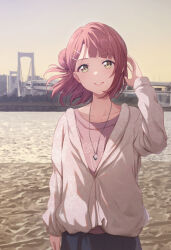 1girl birthday bridge collarbone commentary hair_bun hairpin highres jacket jewelry looking_at_viewer love_live! love_live!_nijigasaki_high_school_idol_club medium_hair multiple_hairpins necklace orange_hair shamakho single_side_bun single_sidelock smile solo uehara_ayumu upper_body water