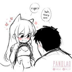 1boy 1girl animal_ears black_hair blush bra breasts cat_ears couple english_text facial_hair goatee igarashi_futaba medium_hair navel panqlao senpai_ga_uzai_kouhai_no_hanashi shirt short_hair small_breasts stubble takeda_harumi thick_eyebrows typo underwear