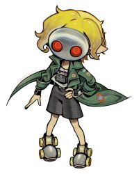Rule 34 | 1boy, black shorts, blonde hair, green jacket, hand on own hip, highres, inkling, inkling boy, inkling player character, jacket, male focus, mask, nintendo, oishi umashi2, open clothes, open jacket, pointy ears, roller skates, short hair, shorts, simple background, skates, solo, splatoon (series), splatoon 3, tentacle hair, white background