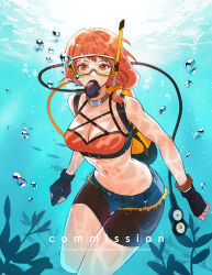 1girl abs archery_shooting_glove bike_shorts bikini black_gloves bracelet breasts bubble cleavage commentary commission cowboy_shot denim denim_shorts detached_sleeves english_commentary fingerless_gloves fire_emblem fire_emblem:_three_houses fire_emblem_heroes fish gloves goggles highres jewelry leonie_pinelli leonie_pinelli_(summer) leonie_pinelli_(timeskip) looking_at_viewer medium_breasts navel nintendo official_alternate_costume orange_bikini orange_eyes orange_hair partially_fingerless_gloves pressure_gauge scuba scuba_gear shorts solo sumustard swimsuit toned toned_female underwater water watermark