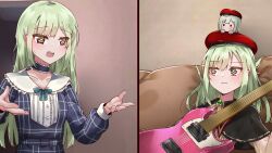 2girls absurdres bang_dream! bang_dream!_it&#039;s_mygo!!!!! beret black_capelet blue_choker blue_dress blush capelet choker closed_mouth commentary dress electric_guitar english_commentary frilled_choker frills green_brooch green_hair guitar hair_ornament hairclip hat highres instrument long_hair mizzterbii mortis_(bang_dream!) mortis_(costume)_(bang_dream!) mortis_(persona)_(bang_dream!) multiple_girls multiple_persona open_mouth plaid_clothes plaid_dress ponytail red_hat sweat teeth upper_teeth_only wakaba_mutsumi wakaba_mutsumi_(doll)