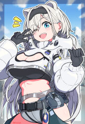 1girl ;d animal_ears arknights aurora_(arknights) black_gloves blue_eyes blush breasts cleavage commentary cowboy_shot crop_top cropped_jacket eyes_visible_through_hair gloves hair_behind_ear hair_ornament hair_over_one_eye hairclip highres jacket large_breasts long_hair long_sleeves midriff navel notice_lines one_eye_closed open_mouth outline pouch puffy_long_sleeves puffy_sleeves smile solo standing u5_oekaki w white_hair white_jacket white_outline zipper zipper_pull_tab
