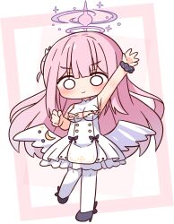 1girl arm_up armpits bare_shoulders blue_archive blue_scrunchie blue_shoes blush breasts closed_mouth commentary_request dress facing_viewer frilled_dress frills full_body halo hana_kazari highres long_hair mika_(blue_archive) nipples o_o outstretched_arm pantyhose pink_hair pink_halo scrunchie shoes sleeveless sleeveless_dress smile solo standing standing_on_one_leg torn_clothes torn_dress white_pantyhose wrist_scrunchie