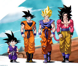 Rule 34 | 1boy, black footwear, black hair, blonde hair, boots, brown pants, clenched hands, closed mouth, cloud, commentary request, dated, dougi, dragon ball, dragon ball (classic), dragon ball gt, facing viewer, forehead, green eyes, highres, karigurashi no kakarotty, large pectorals, long hair, looking at viewer, male focus, medium hair, monkey tail, muscular, muscular male, orange pants, orange shirt, outdoors, pants, pectoral cleavage, pectorals, purple footwear, purple pants, purple sash, purple shirt, red fur, sash, shadow, shirt, short sleeves, sky, sleeveless, sleeveless shirt, smile, son goku, spiked hair, super saiyan, super saiyan 1, super saiyan 4, sweatband, tail, torn clothes, twitter username, v-shaped eyebrows, walking, white sash