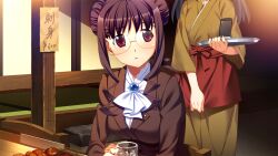 2girls apron apron_hold ascot beer_mug blue_brooch breasts brooch brown_hair brown_jacket brown_kimono cellphone chair cup double_bun food fumio_(ura_fmo) game_cg glasses grisaia_(series) grisaia_no_rakuen hair_bun holding holding_cup holding_tray indoors jacket japanese_clothes jewelry kimono large_breasts long_sleeves mug multiple_girls non-web_source official_art on_chair parted_lips phone red_apron red_eyes shirt short_hair_with_long_locks sitting skewer smartphone standing suit_jacket tachibana_chizuru_(grisaia) three-quarter_sleeves tray variant_set white_ascot white_shirt zoey_graham