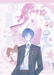1boy 1girl bare_shoulders belt belt_buckle black_jacket black_ribbon blue_eyes blue_hair blush box bra_strap brown_eyes brown_hair buckle cake cake_slice cloud collared_shirt commentary digital_media_player english_commentary facial_mark food from_side fur-trimmed_sweater fur_trim gekkoukan_high_school_uniform gen_chan08 gift gift_box hair_between_eyes hair_ornament hair_ribbon hairclip hands_on_own_face headpat heart heart-shaped_box heart_frame highres holding holding_gift index_finger_raised jacket long_sleeves looking_at_viewer looking_to_the_side neck_ribbon off-shoulder_sweater off_shoulder official_alternate_costume open_clothes open_jacket persona persona_3 pink_sweater ribbon school_uniform shirt short_hair star_(symbol) straight-on sweater takeba_yukari upper_body white_shirt yuuki_makoto_(persona_3)