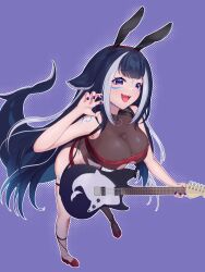 Rule 34 | 1girl, animal ear hairband, animal ears, asymmetrical legwear, black hair, body markings, breasts, cetacean tail, facial mark, fake animal ears, fins, fish tail, fishnet socks, fishnets, guitar, hairband, hareteruya, highres, holding, holding guitar, holding instrument, indie virtual youtuber, instrument, leaning forward, leotard, lips, long hair, multicolored hair, open mouth, orca girl, purple eyes, purple nails, rabbit ear hairband, rabbit ears, red shoes, see-through cleavage, see-through clothes, see-through leotard, shoes, shylily, smile, socks, solo, streaked hair, tail, teeth, thigh strap, upper teeth only, virtual youtuber, white hair