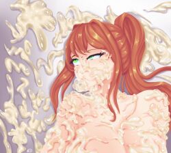1girl ahegao breasts brown_hair bukkake cum cum_all_over cum_in_mouth cum_on_body cum_on_floor cum_on_hair cum_on_upper_body cum_out_mouth cum_overflow doki_doki_literature_club excessive_cum facial female_focus fucked_silly green_eyes highres huge_breasts long_hair mind_break monika_(doki_doki_literature_club) nofapplease open_mouth rolling_eyes solo