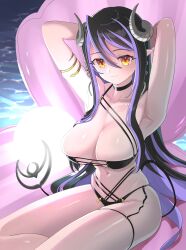 1girl alternate_costume armpits arms_up bikini black_bikini black_choker black_hair blue_hair blush breasts buren choker clam cleavage closed_mouth collarbone commentary_request curled_horns demon_girl demon_horns demon_tail feet_out_of_frame gem grey_horns hair_between_eyes hebiyoi_tier highres horns large_breasts long_hair looking_at_viewer multicolored_hair nanashi_inc. pearl_(gemstone) pointy_ears shiny_skin sidelocks sitting smile snake_bite solo swimsuit tail two-tone_hair virtual_youtuber water yellow_eyes
