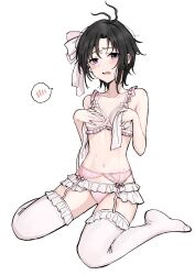 1girl aburi-gatana ahoge black_hair blush bow bra breasts covering_breasts covering_privates cupless_bra embarrassed frilled_bra frilled_panties frilled_thighhighs frills garter_belt garter_straps hair_bow hair_ribbon hands_on_own_chest idolmaster idolmaster_(classic) kikuchi_makoto lingerie messy_hair navel open_mouth panties pink_panties purple_eyes ribbon short_hair sitting small_breasts solo spoken_blush sweat tears thighhighs tomboy underwear white_background white_thighhighs