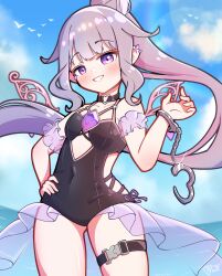 Rule 34 | 1girl, absurdres, artist logo, black choker, black one-piece swimsuit, blue sky, blush, breasts, casual one-piece swimsuit, chest jewel, choker, cloud, covered navel, cowboy shot, day, frilled one-piece swimsuit, frills, gem, hair bun, hand on own hip, highres, hololive, hololive english, holonatsu paradise, koseki bijou, koseki bijou (holonatsu paradise), logo, long hair, looking at viewer, multicolored hair, o-ring, o-ring thigh strap, ocean, official alternate costume, one-piece swimsuit, outdoors, ponytail, purple eyes, purple gemstone, shutowl, sidelocks, single handcuff, sky, small breasts, smile, solo, swimsuit, thigh strap, very long hair, virtual youtuber