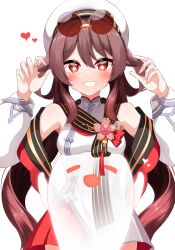 1girl absurdres bare_shoulders boo_tao_(genshin_impact) breasts brown_eyes brown_hair chinese_clothes detached_sleeves dress eyewear_on_head genshin_impact hands_up hat heart highres hu_tao_(cherries_snow-laden)_(genshin_impact) hu_tao_(genshin_impact) light_blush long_hair looking_at_viewer pia_(botamochinjufu) red_skirt round_eyewear simple_background skirt sleeveless sleeveless_dress smile twintails white_background white_dress white_hat white_sleeves