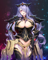 Rule 34 | 1girl, armor, black armor, black panties, breasts, camilla (fire emblem), clawed gauntlets, curvy, fire emblem, fire emblem fates, fire emblem warriors, hair over one eye, highres, huge breasts, kashiwamochi yomogi, long hair, nintendo, official alternate costume, panties, pelvic curtain, purple eyes, purple hair, shoulder armor, smile, solo, thong, tiara, underwear, very long hair, wavy hair