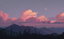 absurdres aircraft airship cloud cloudy_sky crescent_moon fangpeii highres moon mountain no_humans original outdoors sail scenery simple_bird sky star_(sky) starry_sky tree