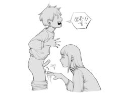 1boy 1girl ball_busting borin erection flick greyscale monochrome shota