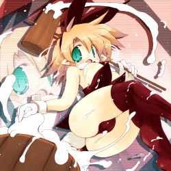 1girl animal_ears ass blonde_hair blush breasts cameltoe detached_collar fake_animal_ears female_focus food gloves green_eyes hammer holding large_breasts leotard mochi mochitsuki open_mouth original playboy_bunny pointy_ears rabbit_ears red_thighhighs sakaki_(noi-gren) scanlines solo suggestive_fluid thighhighs wagashi white_gloves wrist_cuffs zoom_layer