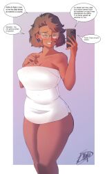1girl blush breasts brown_hair camila_noceda cellphone clauschristmas cleavage commentary cowboy_shot dark-skinned_female dark_skin earrings english_commentary english_text highres holding holding_phone implied_incest iphone jewelry large_breasts mature_female mixed-language_text naked_towel over-rim_eyewear phone semi-rimless_eyewear short_hair signature smartphone smile solo spanish_text the_owl_house towel towel_over_breasts