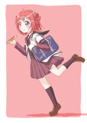 1girl ahoge akaza_akari bag blush border bread bread_slice brown_shoes double_bun eating food food_in_mouth full_body hair_bun holding jam kneehighs loafers long_sleeves machiyama_akane nanamori_school_uniform open_mouth pink_background purple_eyes red_hair school_bag school_uniform serafuku shoes short_hair skirt smile socks solo standing toast white_border yuru_yuri