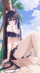 1girl absurdres animal_ear_fluff animal_ears arm_support beach bikini bikini_skirt black_bikini black_hair blue_archive blush breasts cat_ears cat_girl closed_mouth cloud cloudy_sky commentary day extra_ears fieryonion frilled_bikini frills hair_between_eyes halo highres long_hair looking_at_viewer medium_breasts off-shoulder_bikini off_shoulder official_alternate_costume outdoors red_eyes red_halo serika_(blue_archive) serika_(swimsuit)_(blue_archive) sky solo swimsuit thighs twintails