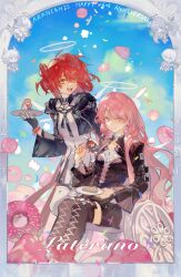 2girls :d absurdres arknights black_boots black_jacket boots border chibi chinese_commentary closed_mouth commentary_request copyright_name crop_top cropped_jacket donut executor_(arknights) exusiai_(arknights) exusiai_the_new_covenant_(arknights) fiammetta_(arknights) flying_sweatdrops food halo hewu639356 highres holding holding_plate jacket lace-up_boots lemuen_(arknights) long_hair long_sleeves looking_at_viewer medium_hair mostima_(arknights) multiple_girls open_mouth ornate_border pink_eyes pink_hair plate red_hair shirt siblings sisters sitting smile standing thigh_boots thighhighs traditional_halo virtuosa_(arknights) wheelchair white_halo white_shirt white_thighhighs yellow_eyes