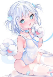 Rule 34 | 1girl, absurdres, animal hands, bandaid, bandaid on leg, blue choker, blue eyes, blush, breasts, choker, collar, collarbone, covered navel, gloves, hair between eyes, hair ornament, highres, kabashima hana, looking at viewer, navel, one-piece swimsuit, open mouth, original, paw gloves, short hair, small breasts, smile, solo, swimsuit, thighhighs, white hair, white one-piece swimsuit, white thighhighs