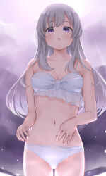 1girl absurdres bikini breasts cleavage commentary_request cowboy_shot grey_hair highres idolmaster idolmaster_shiny_colors kijibato_123-gou long_hair looking_at_viewer medium_breasts navel purple_eyes solo stomach straight_hair swimsuit very_long_hair white_bikini yukoku_kiriko