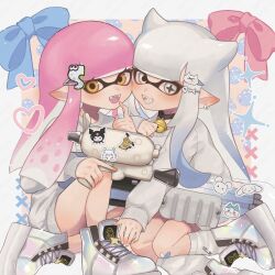 2girls animal_ears ballpoint_splatling_(splatoon) bandaid bandaid_on_knee bandaid_on_leg bell black_choker blue_hair blunt_bangs cat_ears cat_hair_ornament character_sticker chiikawa choker cinnamoroll commentary_request creatures_(company) cross-shaped_pupils earrings extra_ears fangs fuwa_fuwa_cinnamoroll game_freak gen_7_pokemon gradient_hair grey_eyes grey_hair grey_tongue hachiware_(chiikawa) hair_ornament hairclip high_tops highres holding holding_weapon holographic_clothing hoop_earrings inkling inkling_girl inkling_player_character jewelry jingle_bell kuromi long_hair long_sleeves looking_at_viewer mimikyu mismatched_pupils momonga_(chiikawa) multicolored_footwear multicolored_hair multiple_girls neck_bell nintendo oekk_8 onegai_my_melody open_mouth orange_eyes order_shot_(splatoon) pink_hair pointy_ears pokemon sanrio shoes smile sneakers socks splatoon_(series) splatoon_3 sweater symbol-shaped_pupils tandemaus tentacle_hair two-tone_hair watermark weapon white_nails white_socks white_sweater