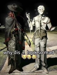 Rule 34 | 2boys, absurdres, aleph (reverse:1999), bandaged hand, bandaged head, bandages, black cape, black hat, black pants, black sky, boots, brown boots, cape, covered eyes, covered face, crying emoji, dual persona, emoji, english text, face in shadow, facing viewer, flower, full body, gloves, grin, hacksaw, hand up, hat, highres, holding saw, long hair, male focus, manghe (yuyideqiyuan86826), meme, moai, multiple boys, night, outdoors, pants, photo background, red gloves, red hair, reverse:1999, saw, shaded face, shirt, shoes, side-by-side, sidewalk, sky, smile, standing, surgical scissors, the idealist (reverse:1999), tool kit, white pants, white shirt, white shoes, why dis ninja look so mad (meme)