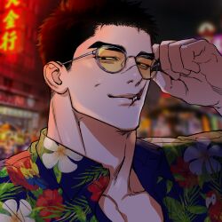 Rule 34 | 1boy, adam&#039;s apple, bara, boonsun, hawaiian shirt, huge eyebrows, large pectorals, looking at viewer, male focus, mature male, muscular, muscular male, original, pectoral cleavage, pectorals, photo background, portrait, scar, scar on face, scar on mouth, shirt, short hair, solo, sunglasses, thick neck, tsurime