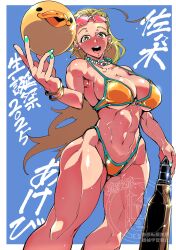 1girl 2025 absurdres ball bikini blonde_hair blue_background breasts cleavage collarbone commentary_request duck_print eyewear_on_head girls_und_panzer glasses gold_bikini hair_pulled_back highres holding holding_ball large_breasts long_hair looking_at_viewer navel open_mouth sasaki_akebi shinkuukan_(tetsuo3) smile solo standing swimsuit tank_shell translated yellow_eyes