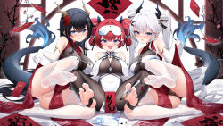 Rule 34 | 3girls, absurdres, bare shoulders, between toes, black hair, black nails, black panties, blue eyes, blush, breasts, cameltoe, china dress, chinese clothes, closed mouth, clothes lift, commentary request, covered navel, dress, dress lift, elbow gloves, fang, feet, full body, gloves, hair ornament, highres, horns, k.t.cube, large breasts, leg up, legs up, lifting own clothes, long hair, looking at viewer, mask, mask on head, multiple girls, nail polish, no shoes, open mouth, original, panties, pantyhose, pelvic curtain, red dress, red hair, see-through clothes, see-through panties, short hair, sidelocks, sitting, skin fang, smile, soles, spread legs, spread toes, stirrup legwear, tail, thighhighs, toeless legwear, toenail polish, toenails, toes, twintails, underwear, white dress, white gloves, white hair, white panties, white thighhighs
