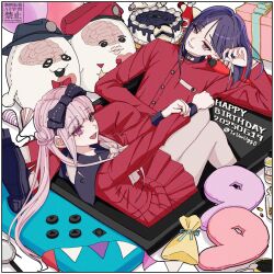 Rule 34 | 1boy, 1girl, :d, birthday, black hairband, black sailor collar, bow, bow hairband, brain, cake, colored inner hair, dated, food, gakuran, grin, hair bun, hairband, happy birthday, highres, jacket, long hair, looking at viewer, magnifying glass, medium hair, multicolored hair, nigou (hundred line), nintendo switch, open mouth, pants, pink hair, pleated skirt, purple hair, red jacket, red pants, red serafuku, red shirt, red skirt, sailor collar, school uniform, serafuku, shirt, sirei (hundred line), sitting, skirt, smile, the hundred line -last defense academy-, tsukumo ima, tsukumo kako, tsumugg0, twintails, twitter username, white bow