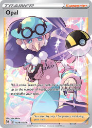 1girl akitsu_taira artist_name black_nails blue_eyes blue_hat bright_pupils card_(medium) character_name closed_mouth company_name copyright_name copyright_notice dress english_text eyeshadow game_freak gloves hat holding holding_umbrella long_nose makeup nail_polish nintendo official_art old old_woman opal_(pokemon) open_poke_ball partially_fingerless_gloves poke_ball pokemon pokemon_card pokemon_swsh pokemon_tcg purple_eyeshadow short_hair single_glove smile solo sparkle third-party_source throwing throwing_poke_ball trading_card two-tone_dress ultra_ball umbrella white_hair white_pupils wrinkled_skin