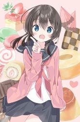 1girl baumkuchen black_hair black_skirt blue_eyes blush cake candy cardigan checkerboard_cookie chocolate commentary_request cookie cowboy_shot drooling fang food fruit gelatin grey_sailor_collar grey_skirt hair_between_eyes heart highres index_finger_raised lollipop long_hair long_sleeves looking_at_viewer macaron neckerchief open_cardigan open_clothes open_mouth original pink_background pink_cardigan pink_sweater pleated_skirt pudding red_neckerchief sailor_collar saliva school_uniform serafuku shirt skirt sleeves_past_wrists solo spiral strawberry sweater sweets swiss_roll tantan_men_(dragon) white_shirt