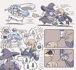 3girls bell_bearing_hunter_(elden_ring) blonde_hair chibi duchess_(elden_ring) elden_ring elden_ring_nightreign greatsword holding holding_staff holding_sword holding_weapon multiple_girls omochi_anko3 recluse_(elden_ring) revenant_(elden_ring) running staff sweat sword weapon