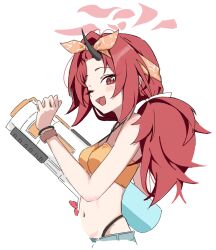 1girl bangs_pinned_back bare_arms bare_shoulders bikini blue_archive blue_shorts blush demon_horns fang hair_ribbon hairband holding holding_water_gun horns kyurosuku long_hair looking_at_viewer low_ponytail navel official_alternate_costume official_alternate_hairstyle one_eye_closed open_mouth orange_hairband ponytail red_hair renge_(blue_archive) renge_(swimsuit)_(blue_archive) ribbon shorts single_horn skin_fang solo stomach swimsuit water_gun white_ribbon yellow_bikini